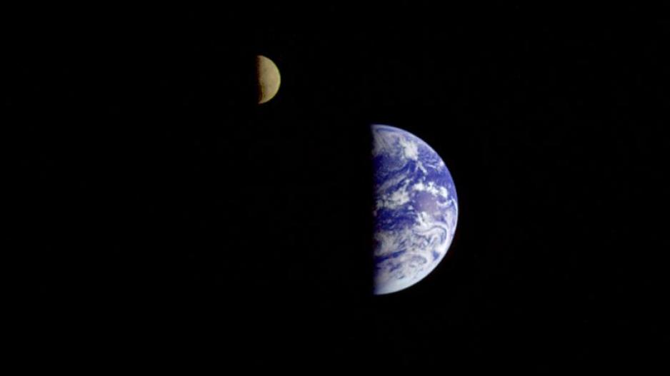 The Earth and our Moon as photographed from the US NASA Galileo Spacecraft 6 million miles from Earth in Space.